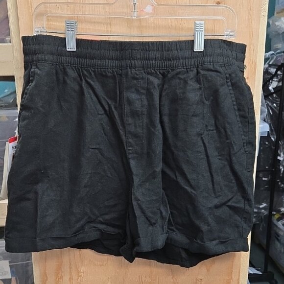 Frank & Oak Size L Black Linen Blend High Waisted Pull On Shorts - Picture 1 of 9